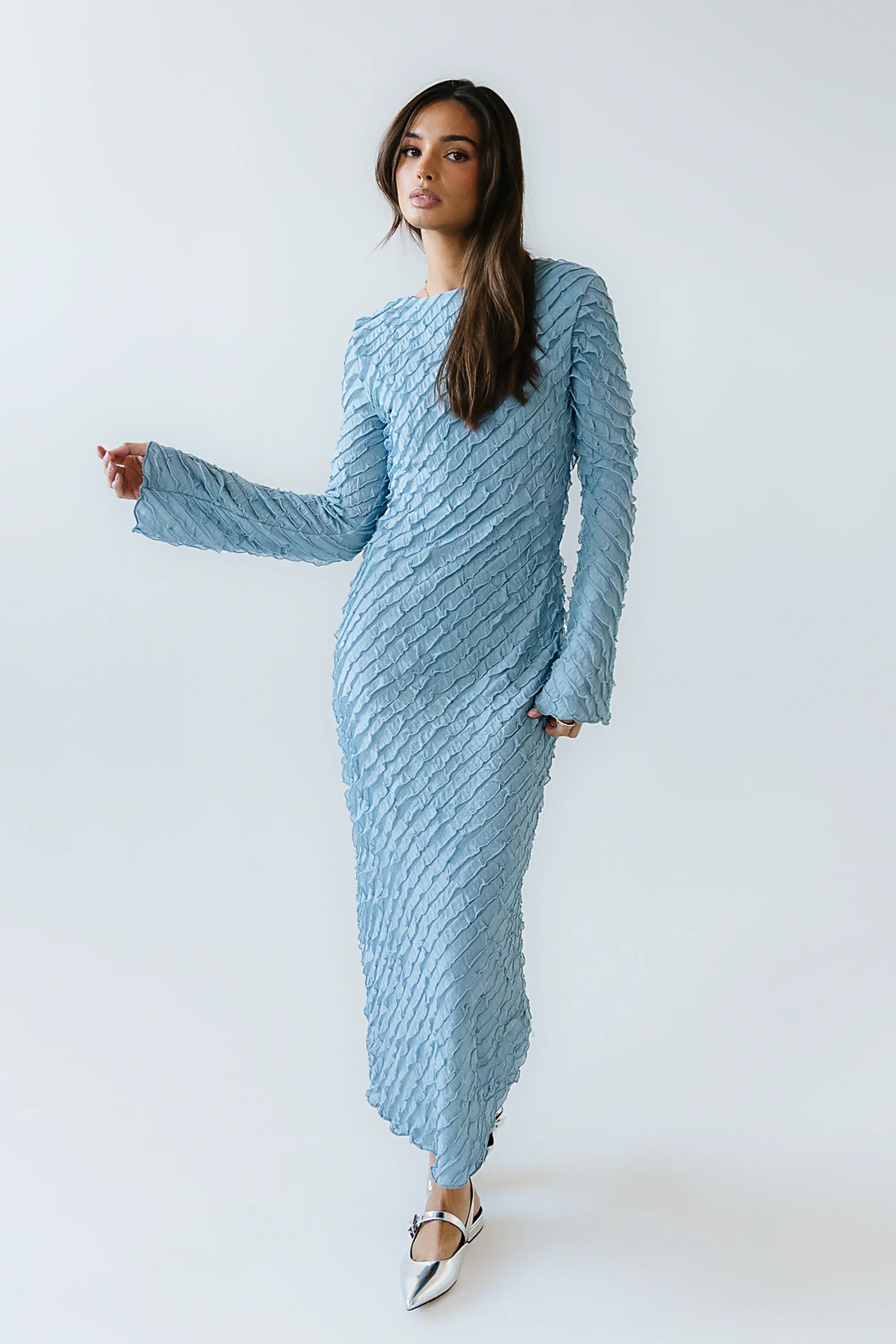 Bell Ruffle Maxi Dress in Blue