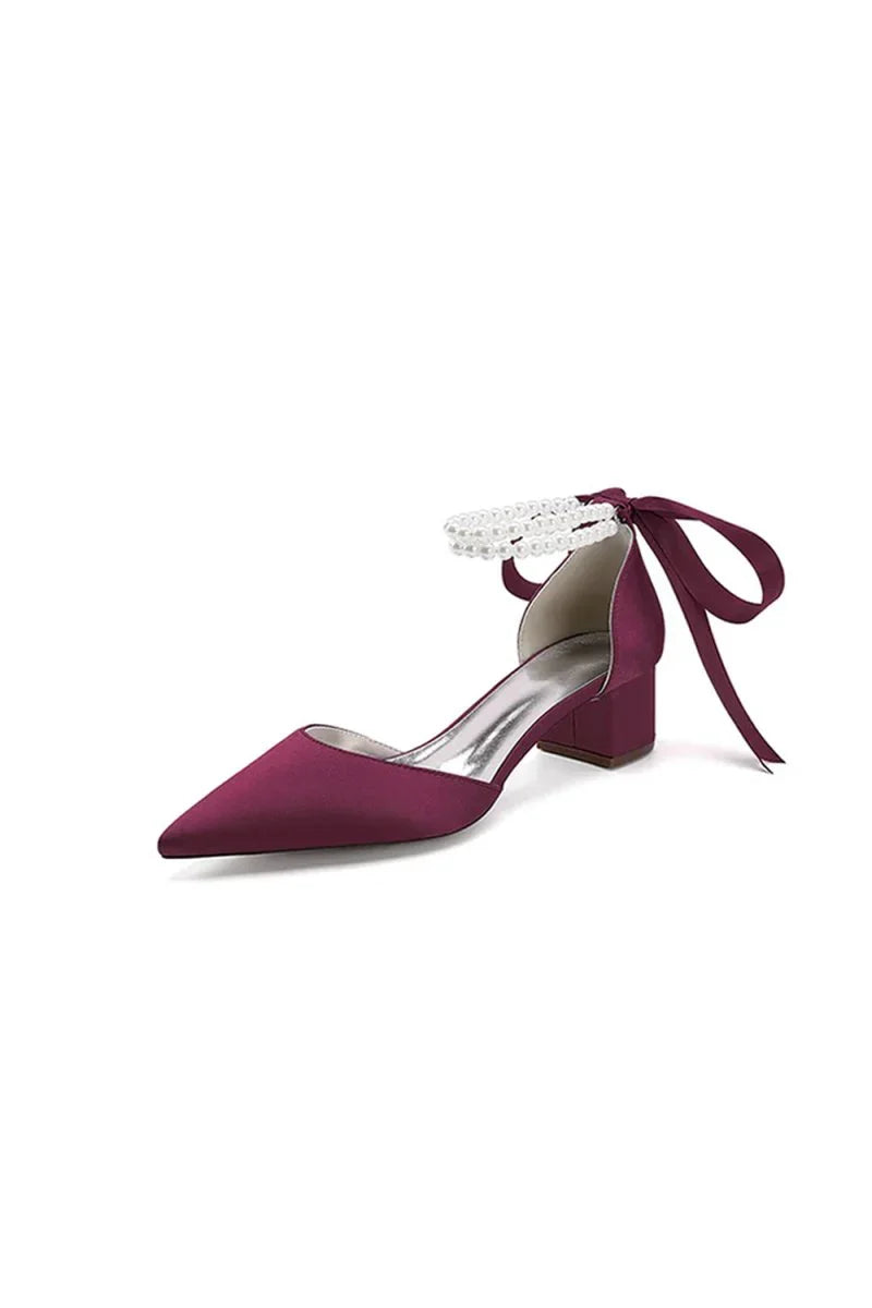 Pointed Toe Double Pearl Ankle Strap Party Shoes With Ribbon Tie