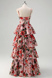 Floral Grey Pink A Line Spaghetti Straps Tiered Corset Prom Dress with Slit