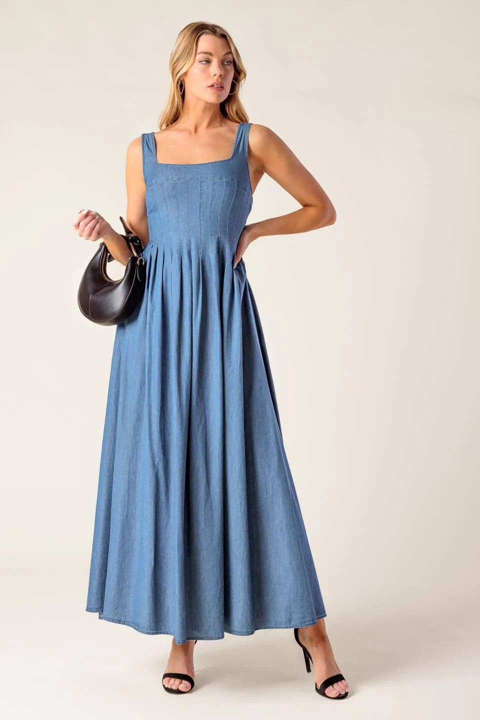 BLUE RIDGE DREAMS PINTUCK DENIM MIDI DRESS