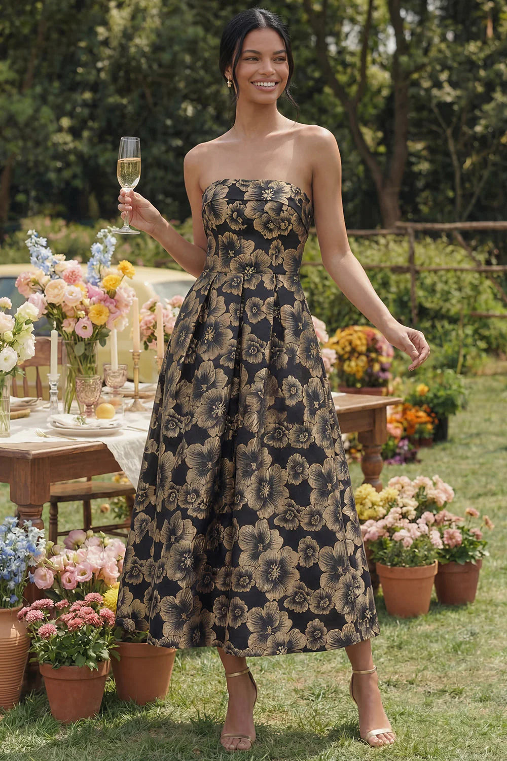 Strapless Gold Floral Jacquard A Line Midi Wedding Guest Dress