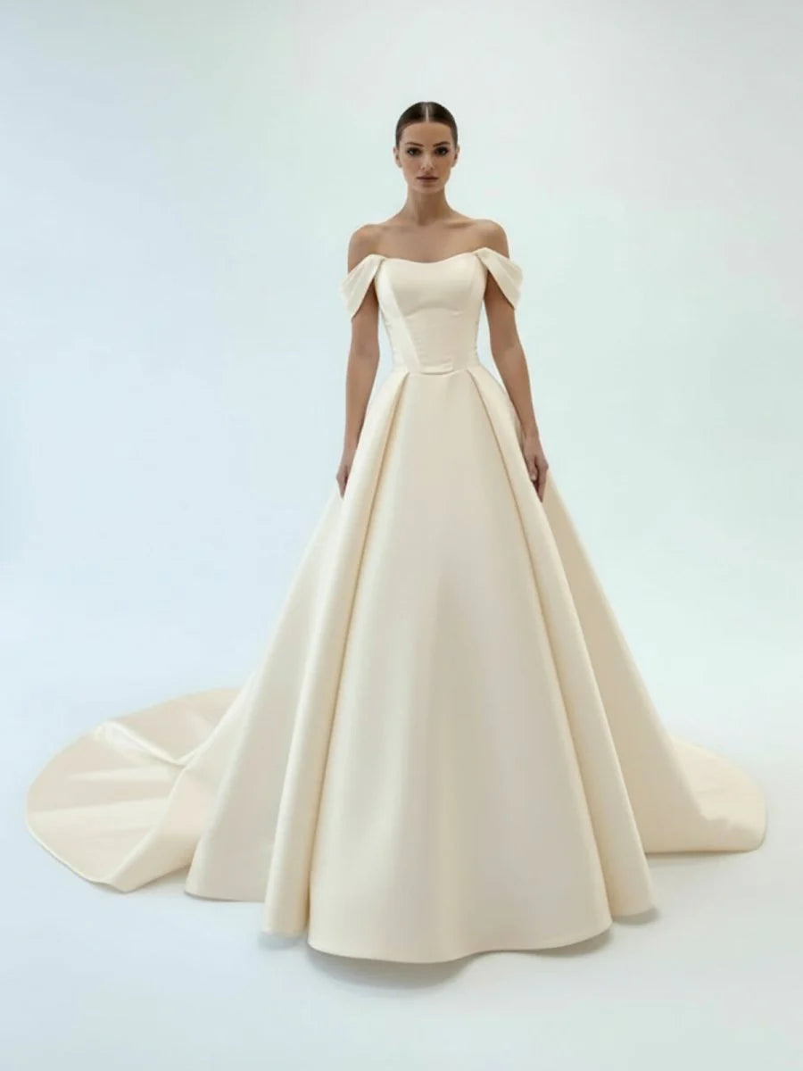 Elegant A Line Off the Shoulder White Satin Wedding Dresses