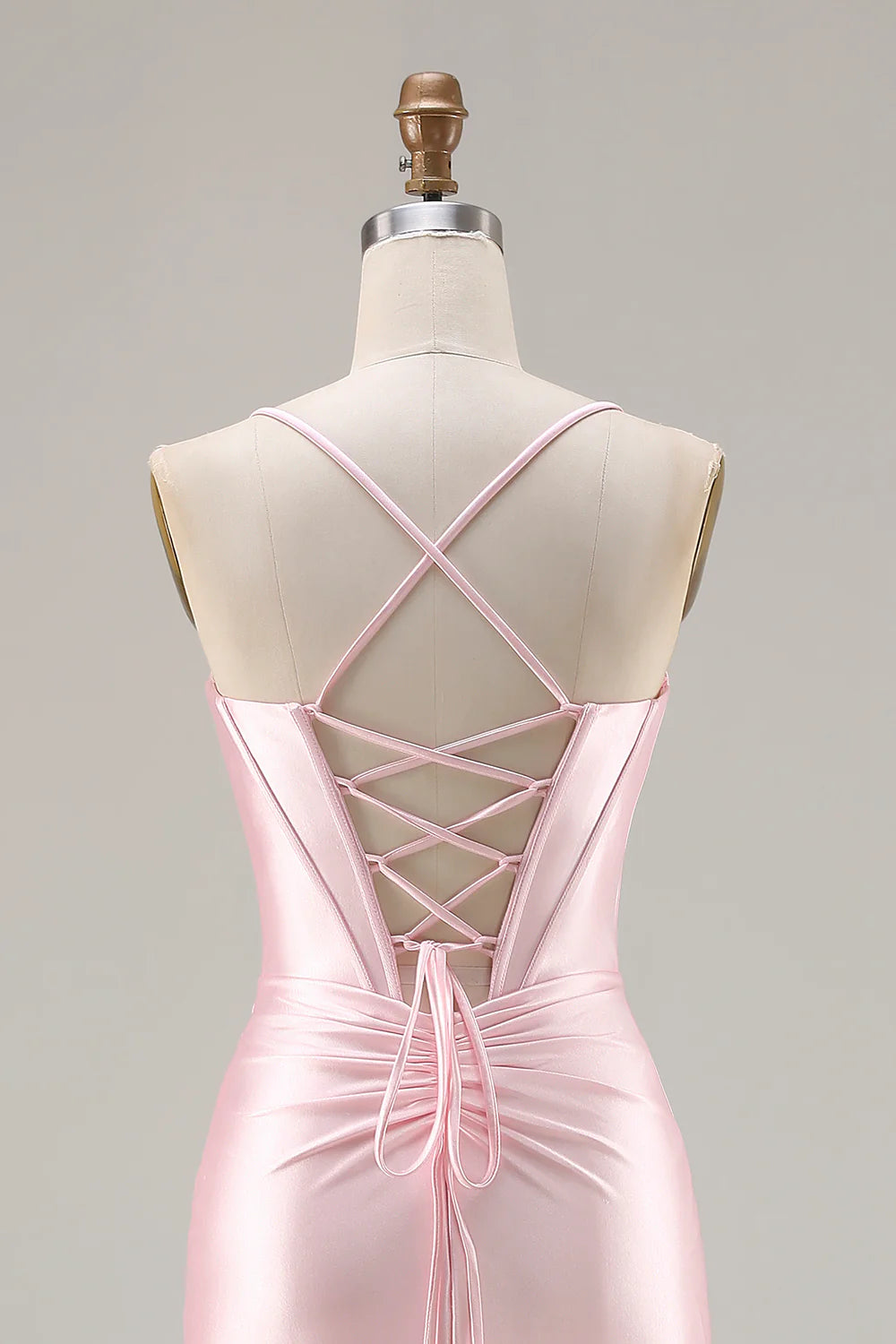 Pink Mermaid Corset Satin Spaghetti Straps Long Prom Dress with Slit