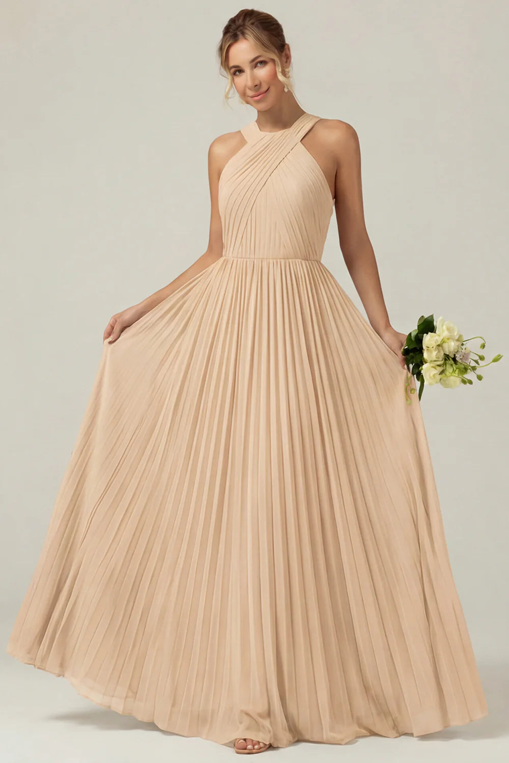 Dusty Sage A Line Halter Pleated Long Bridesmaid Dress