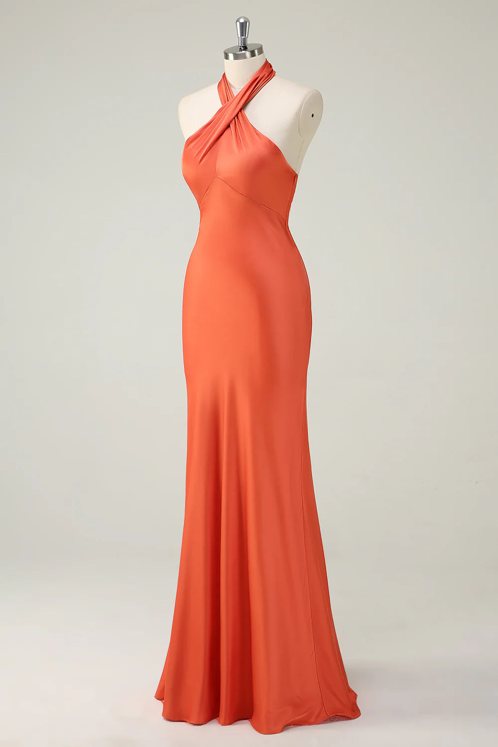 Elegant Orange Mermaid Halter Open Back Satin Long Bridesmaid Dress