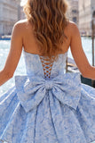 Strapless A Line Jacquard Bow Blue Homecoming Dress with Lace Up Back