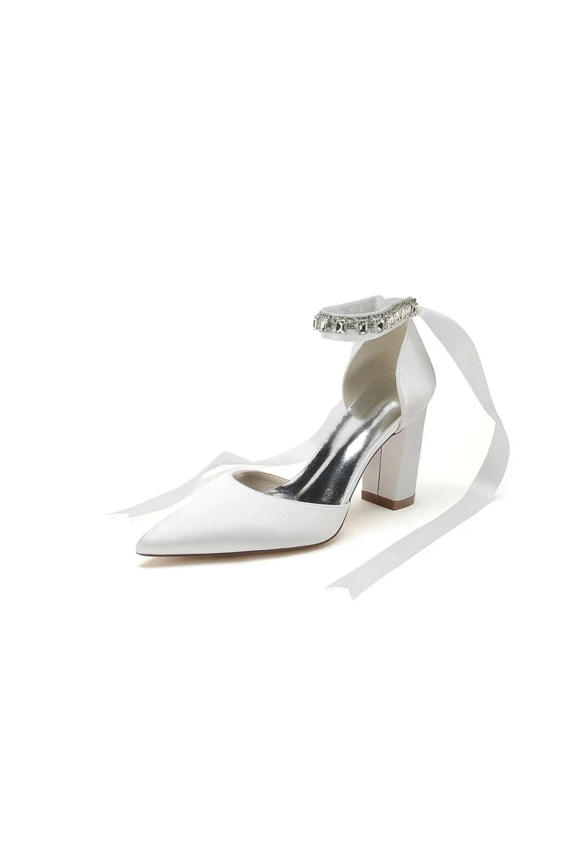 Rhinestone Ribbon Pointed Toe Ankle Strap Chunky Heel