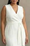 White Satin V Neck Plus Size Work Dress with Belt
