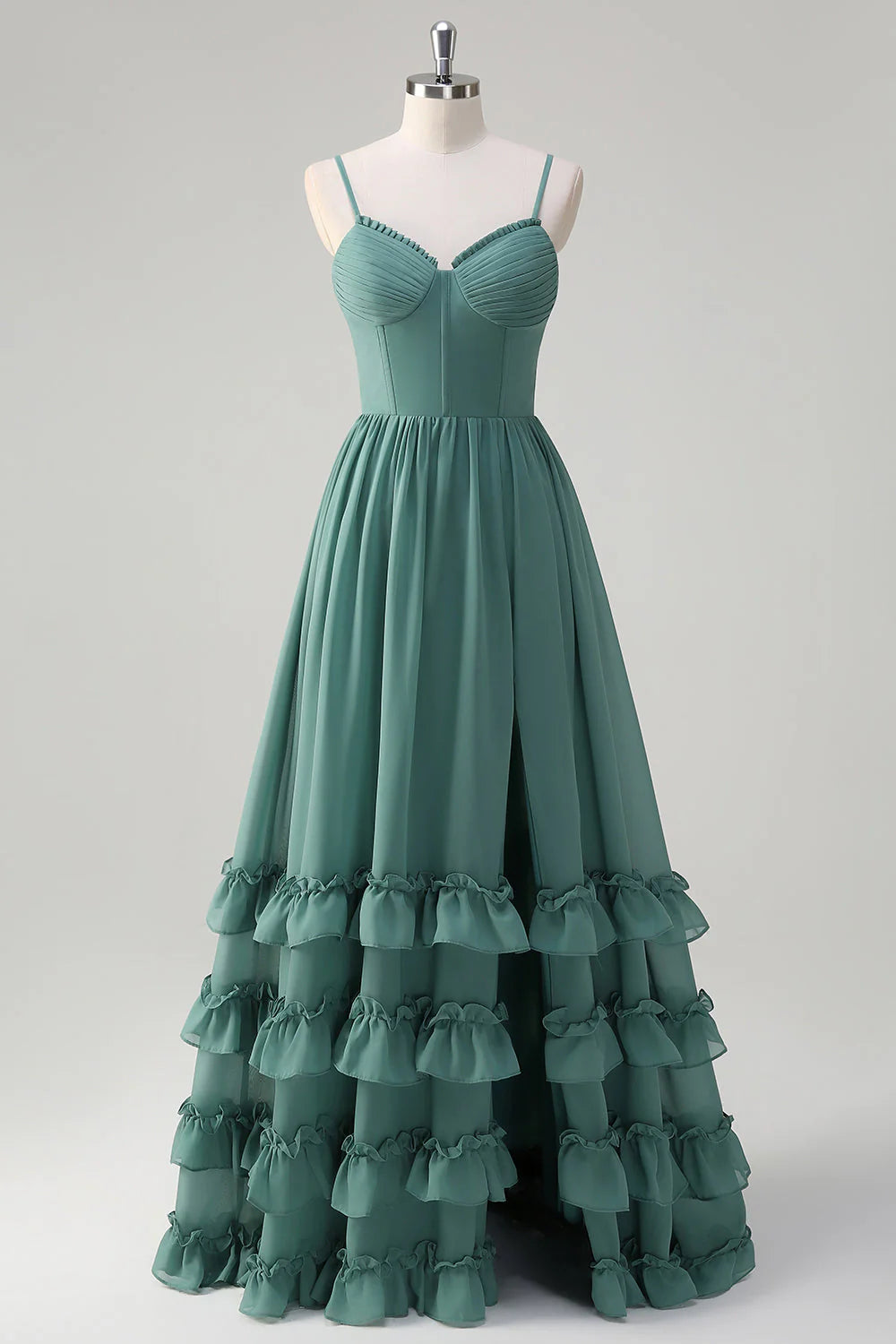 A Line Spaghetti Straps Corset Long Ruffled Eucalyptus Bridesmaid Dress with Slit