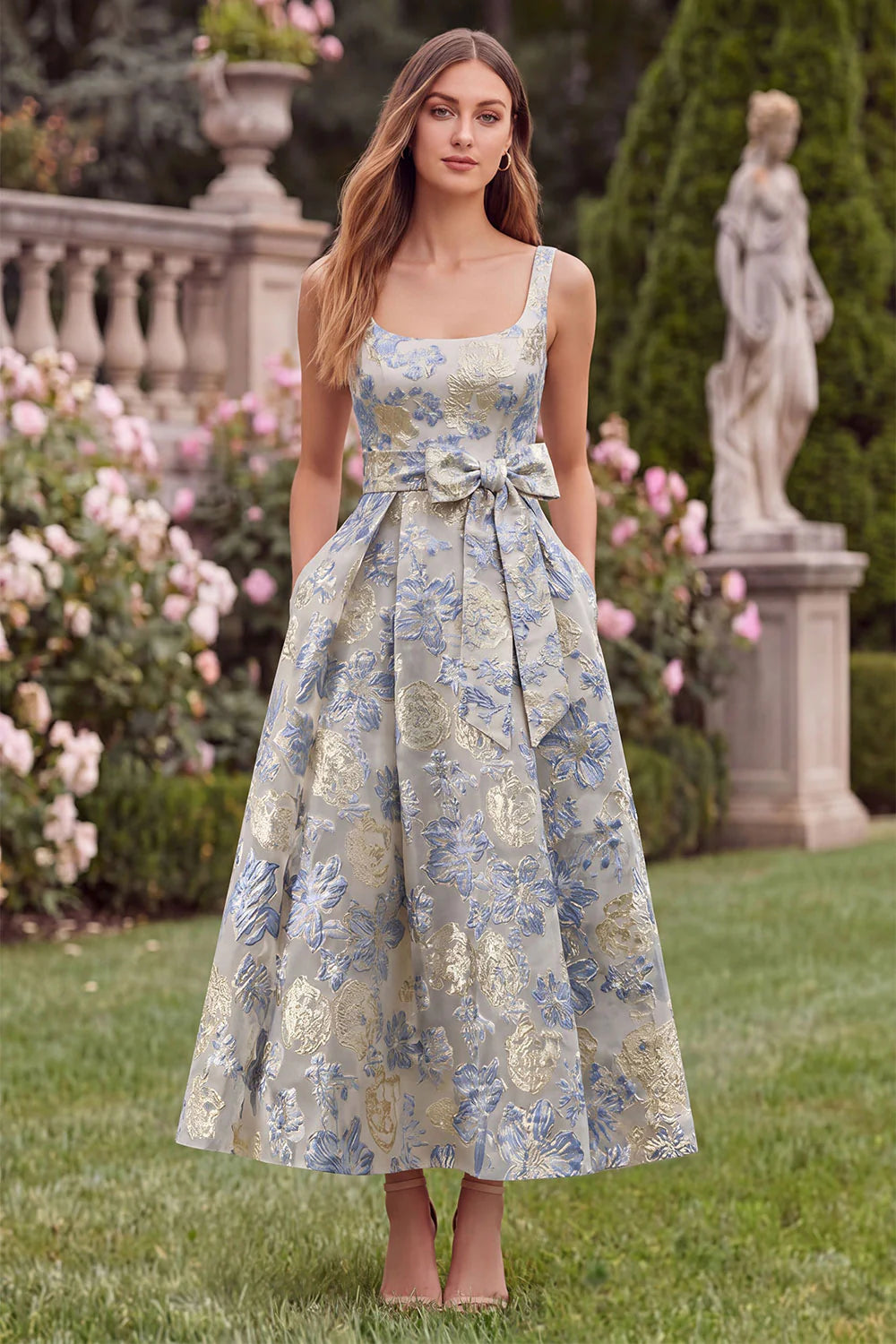 Light Blue A Line Floral Bow Jacquard Square Neck Wedding Guest Dress with Pockets