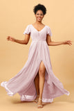 A Line V Neck Ruched Long Chiffon Bridesmaid Dress with Slit