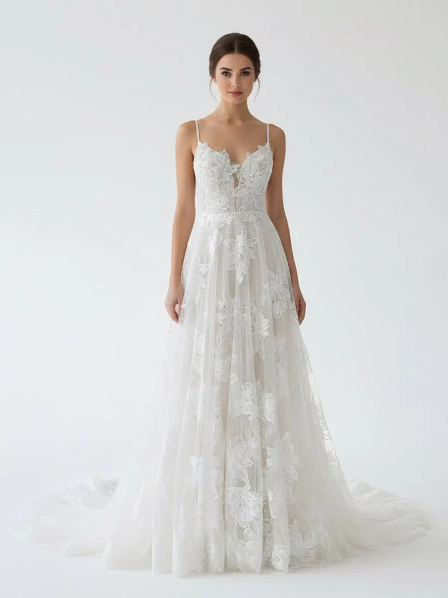 Boho White A Line Lace Appliques Wedding Dress