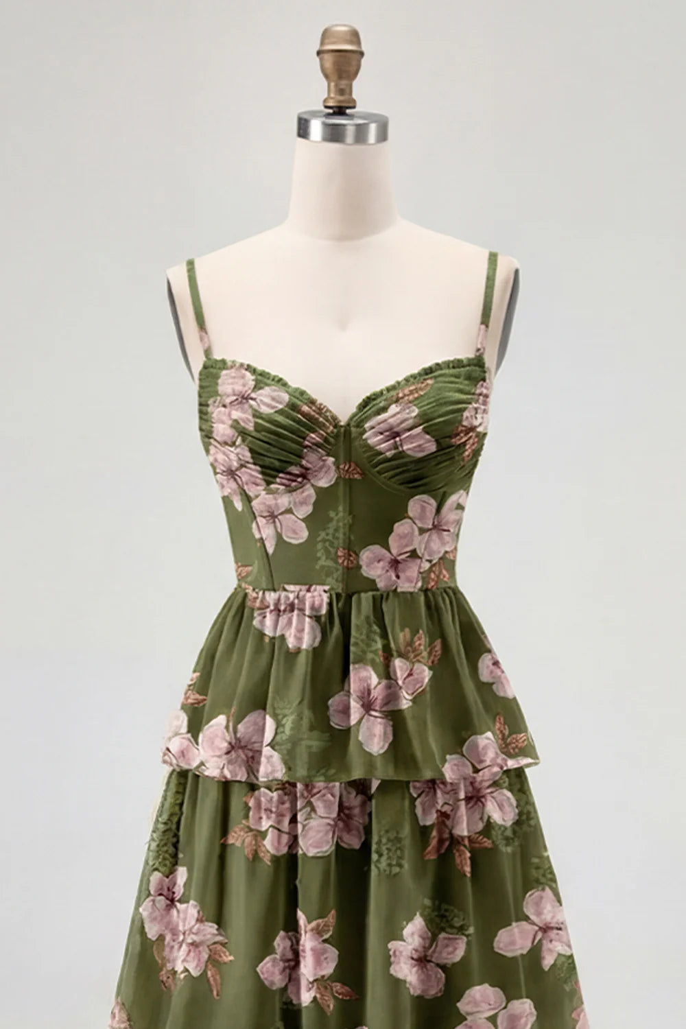 Dusty Sage A Line Corset Tiered Print Floral Long Bridesmaid Dress with Slit