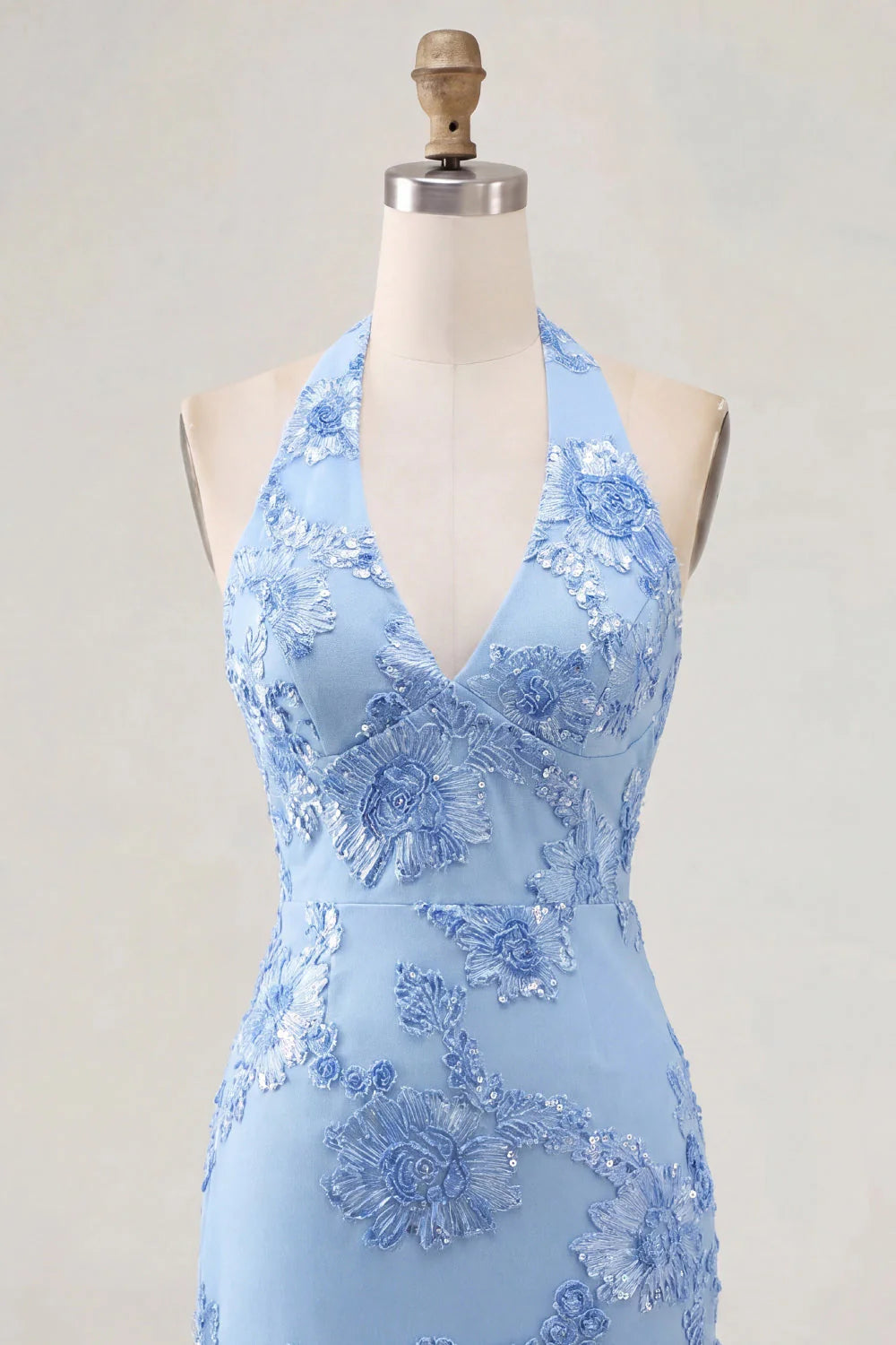 Light Blue Halter Bodycon Floral Short Homecoming Dress