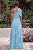 Daffodil A Line Floral Embroidery One Shoulder Wedding Guest Dress with Slit