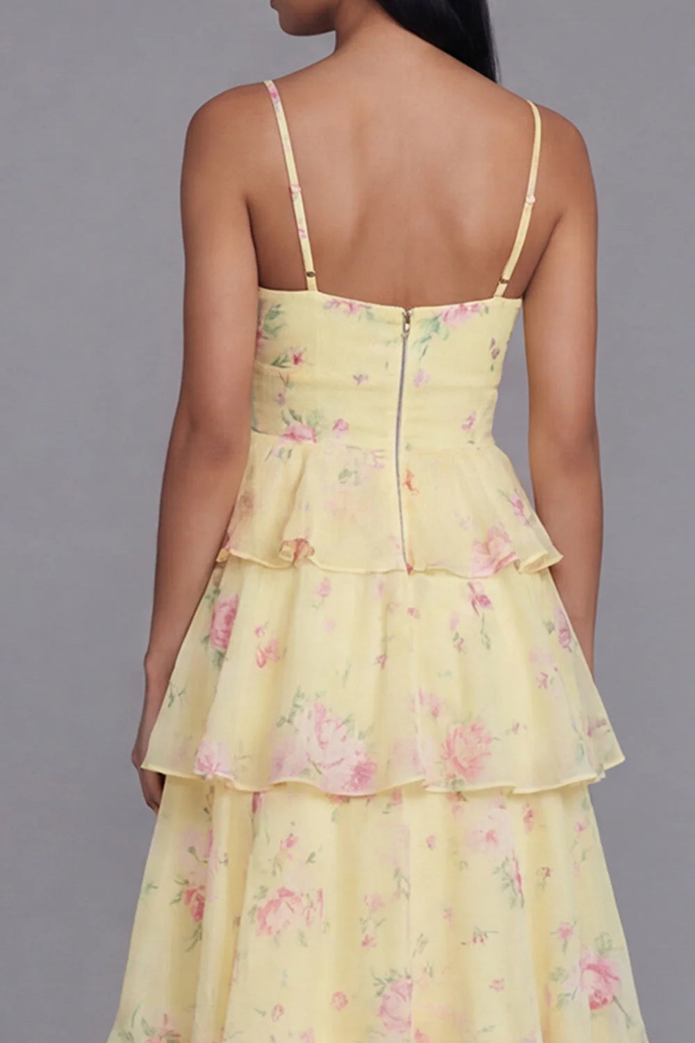 Tiered Corset A Line Floral Yellow Wedding Guest Dress