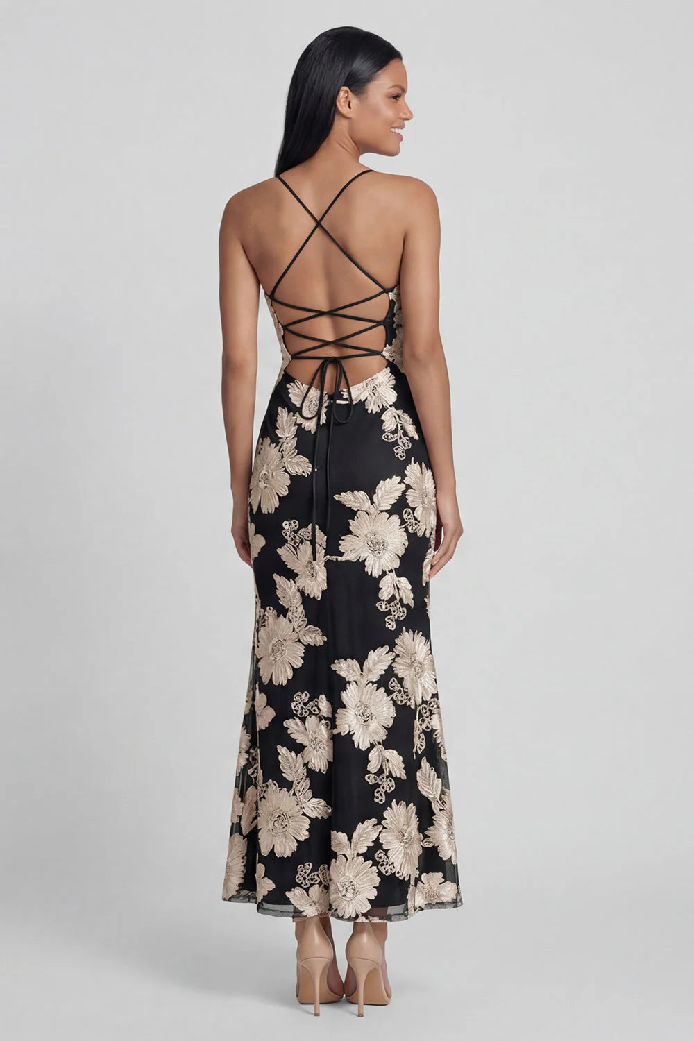 Sage Green Mermaid Floral Wedding Guest Dress with Lace up Back