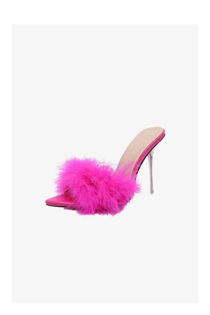Hot Pink Feathers Pointed Toe Stiletto Sandals