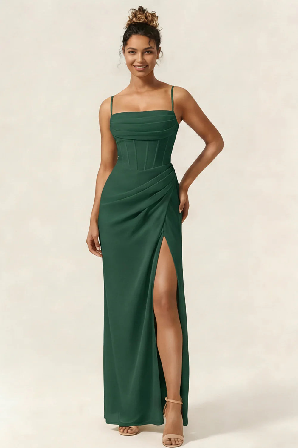 Green Flower Mermaid Corset Chiffon Long Bridesmaid Dress with Slit