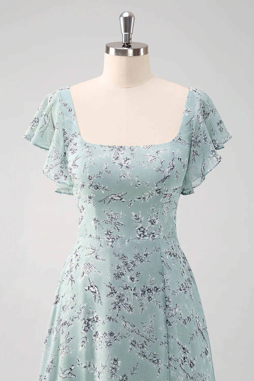 Dusty Sage A Line Square Neck Floor Length Print Bridesmaid Dress with Slit