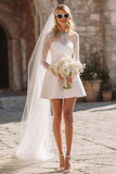 Lace White A Line Mini Bridal Shower Dress with Long Sleeves