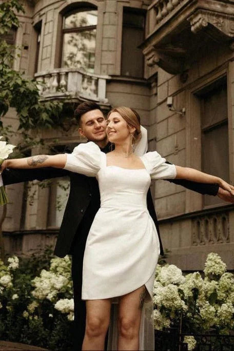 Bodycon Square Neck Satin Short Wedding Dresses with Lantern Sleeves