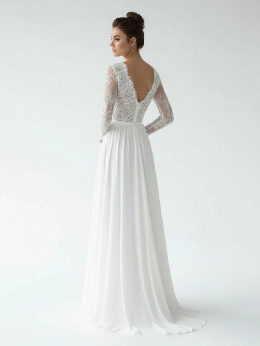 Romantic Modern A Line Floor length Chiffon Lace V neck Long Sleeve Wedding Dress