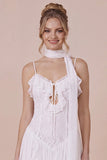 White Lace Ruffled Spaghetti Straps Engagement Dress with Scarf