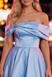 Off the Shoulder Blue A Line Short Homecoming Dress with Beading