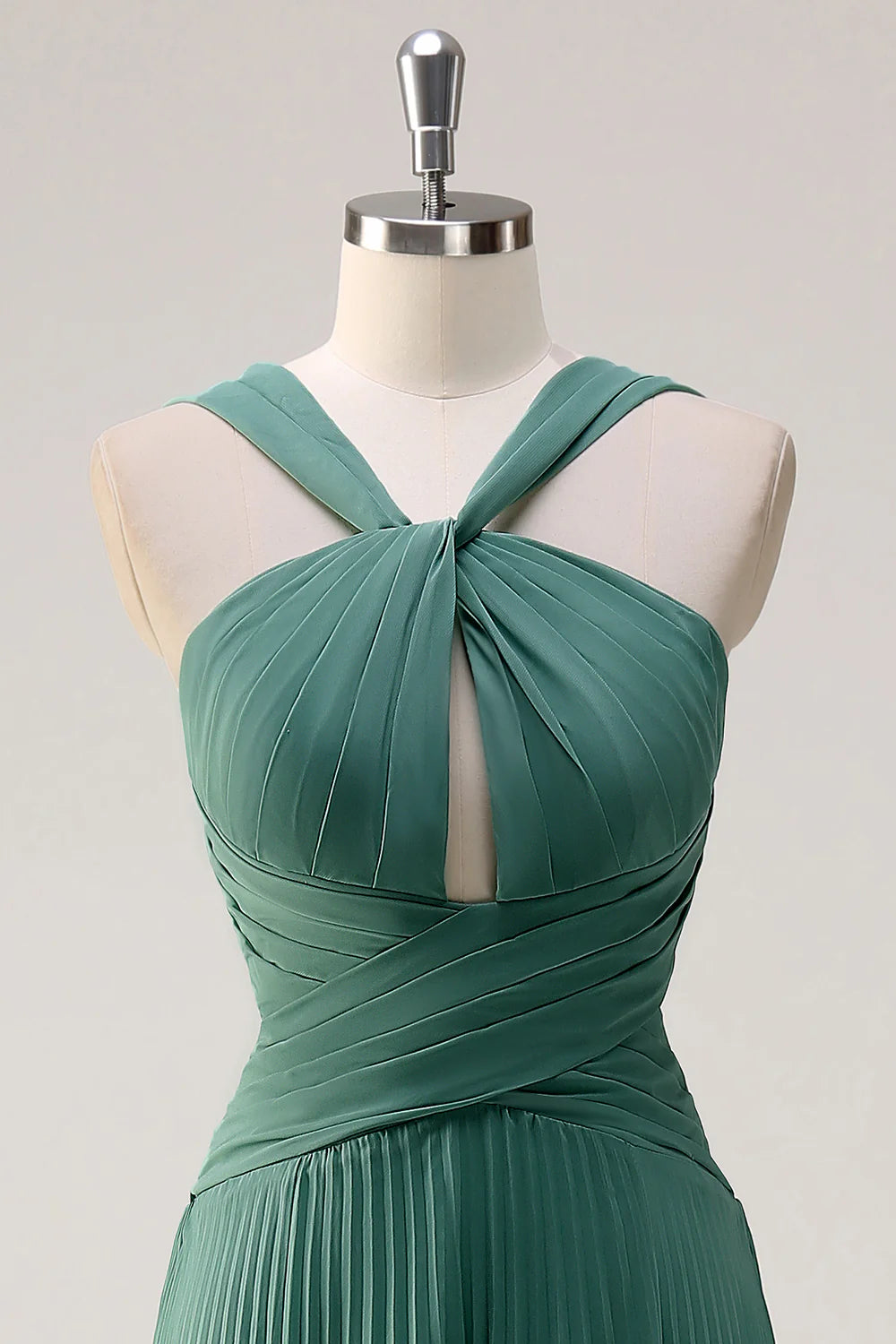 Eucalyptus A Line Hollow Out Pleated Floor Length Bridesmaid Dress with Slit