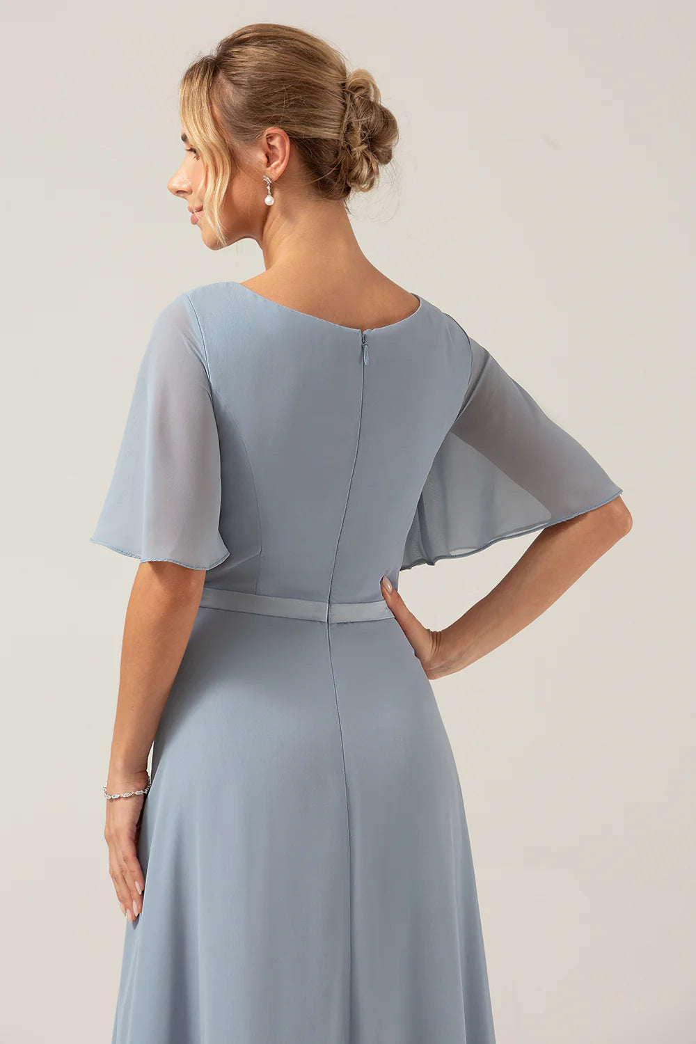 Dusty Blue A Line V Neck Chiffon Floor Length Bridesmaid Dress With Short Sleeves