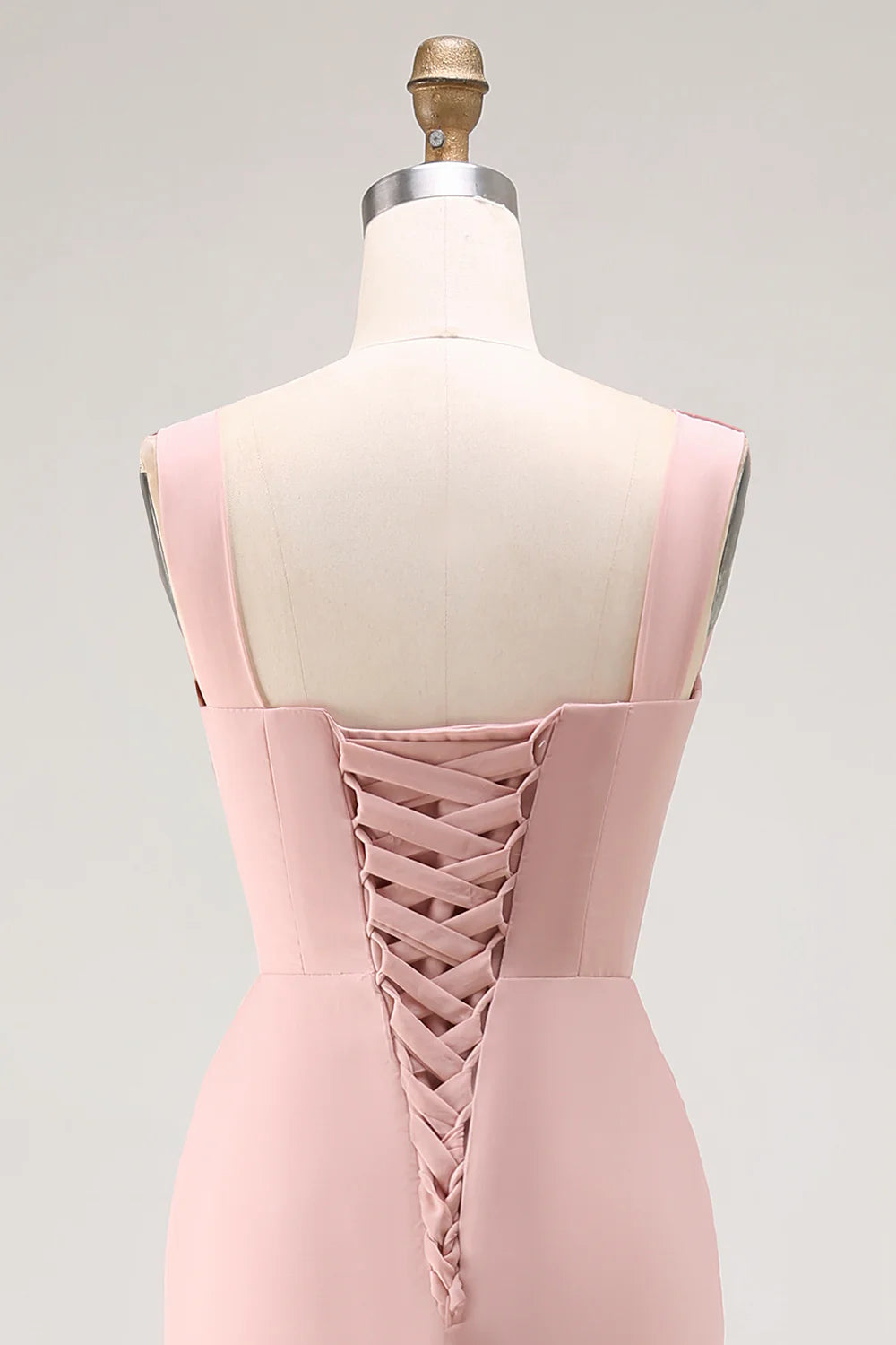 Blush Pink Sheath Lace Up Back Ruched Long Bridesmaid Dress with Slit
