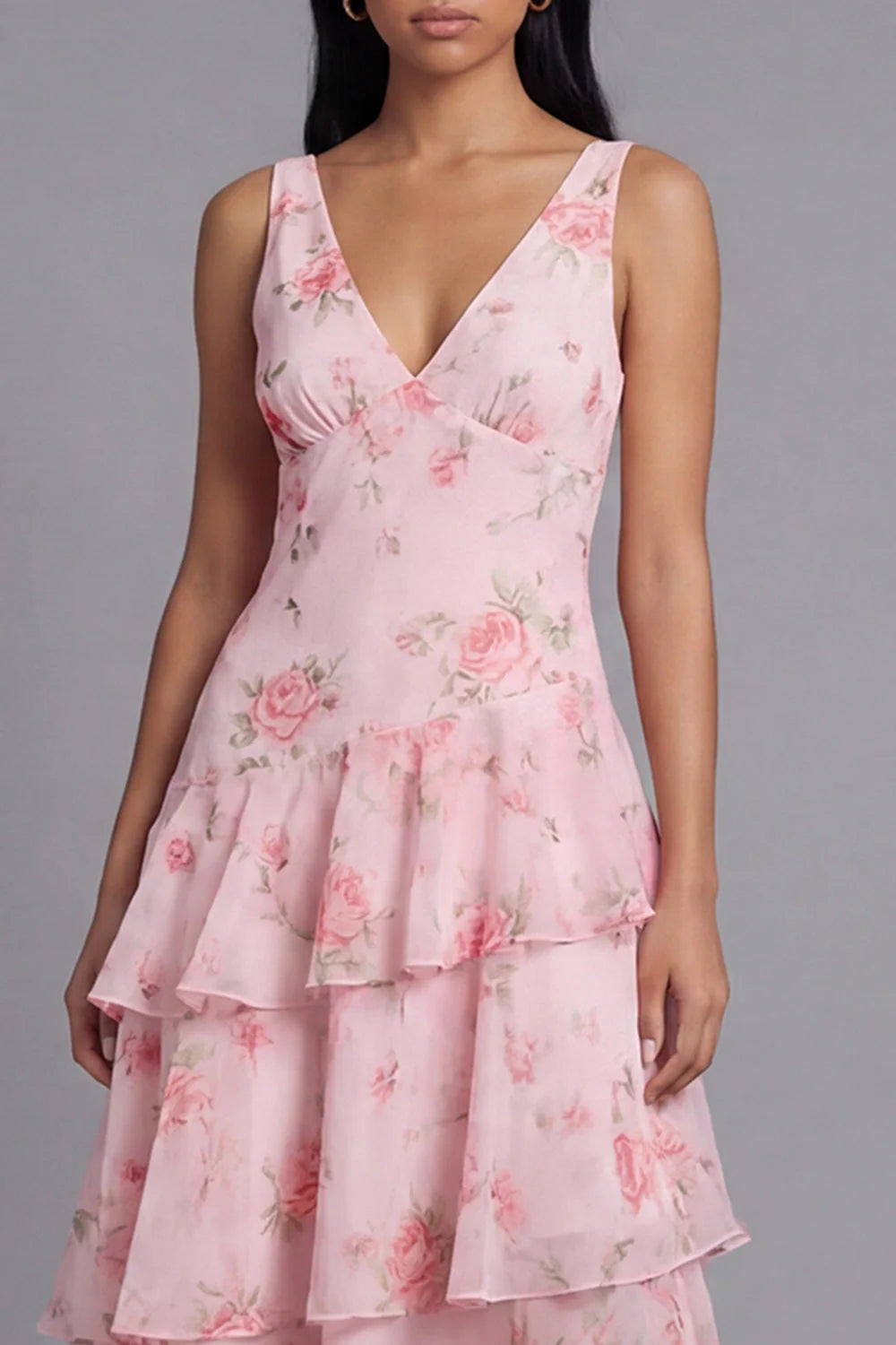 Floral Pink Tiered A Line V Neck Wedding Guest Dress