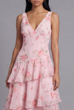 Floral Pink Tiered A Line V Neck Wedding Guest Dress