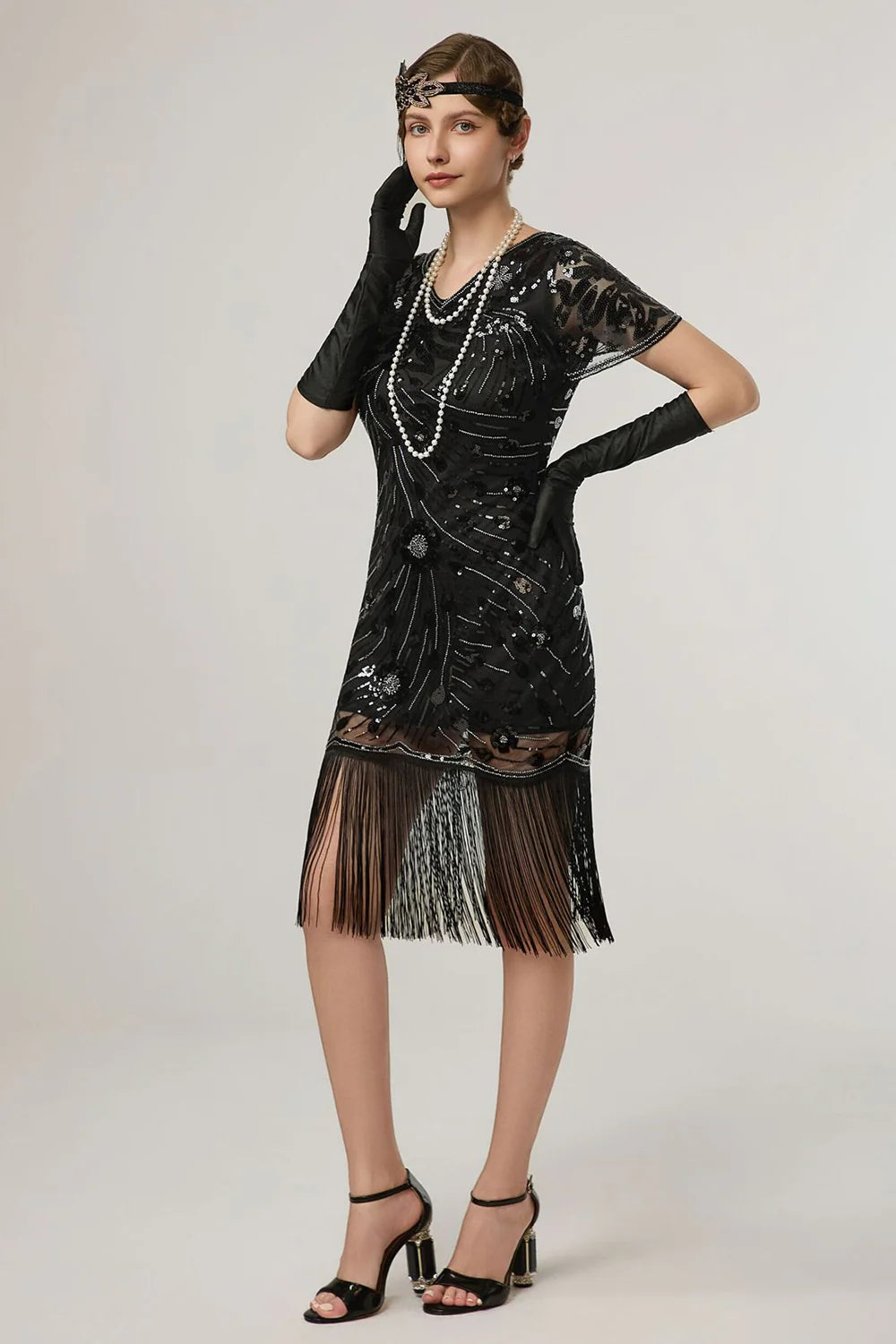 Black Sheath Fringed Midi V Neck 1920s Dress with Sequins