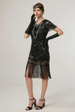 Black Sheath Fringed Midi V Neck 1920s Dress with Sequins