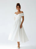 A Line Satin Tea Length White Off the Shoulder Wedding Dress