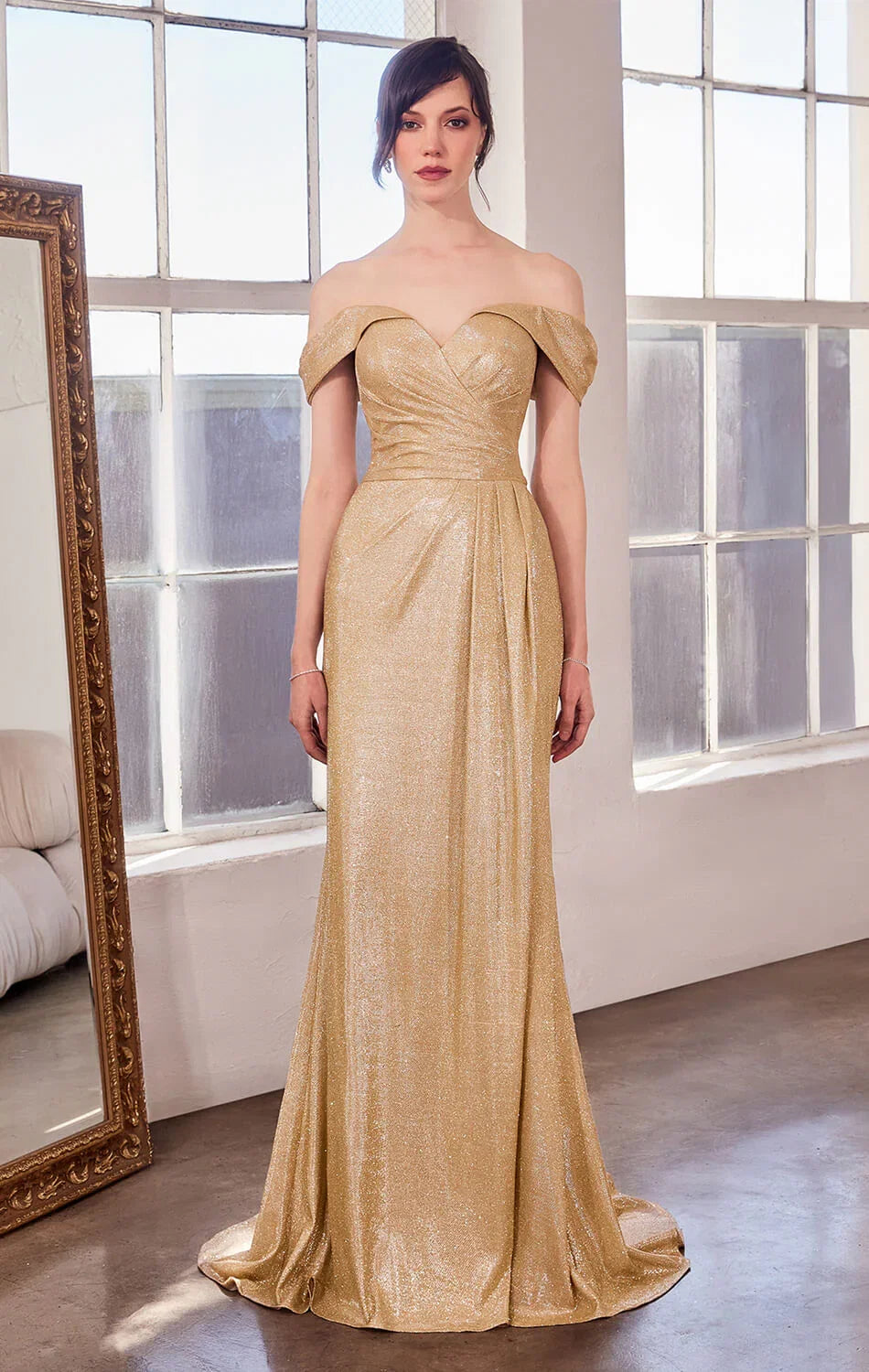 Venetian Gown Luxe Metallic Off Shoulder Evening Dress