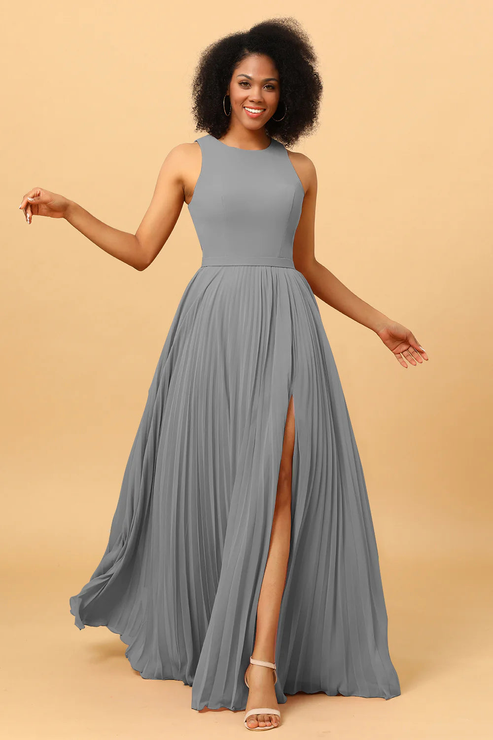 A Line Pleated Long Chiffon Bridesmaid Dress with Ruffles