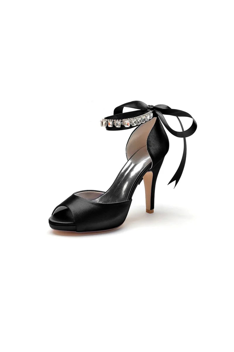 Peep Toe Stiletto Heels with Ankle Rhinestone Strap