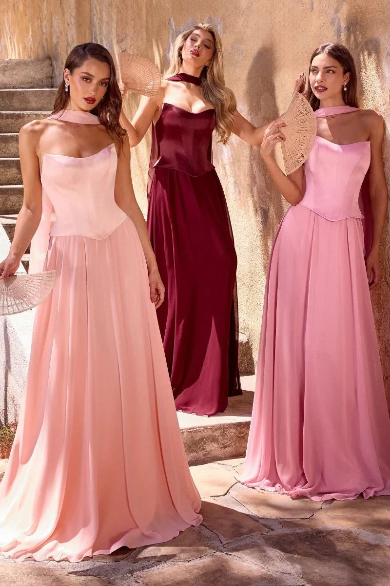 ISABELLA GOWN STRAPLESS CHIFFON DRESS WITH SCARF