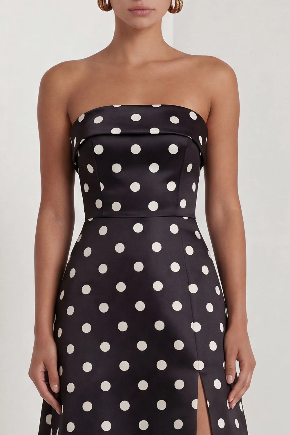 Strapless Black White A Line Polka Dot Long Formal Dress with Slit