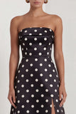 Strapless Black White A Line Polka Dot Long Formal Dress with Slit