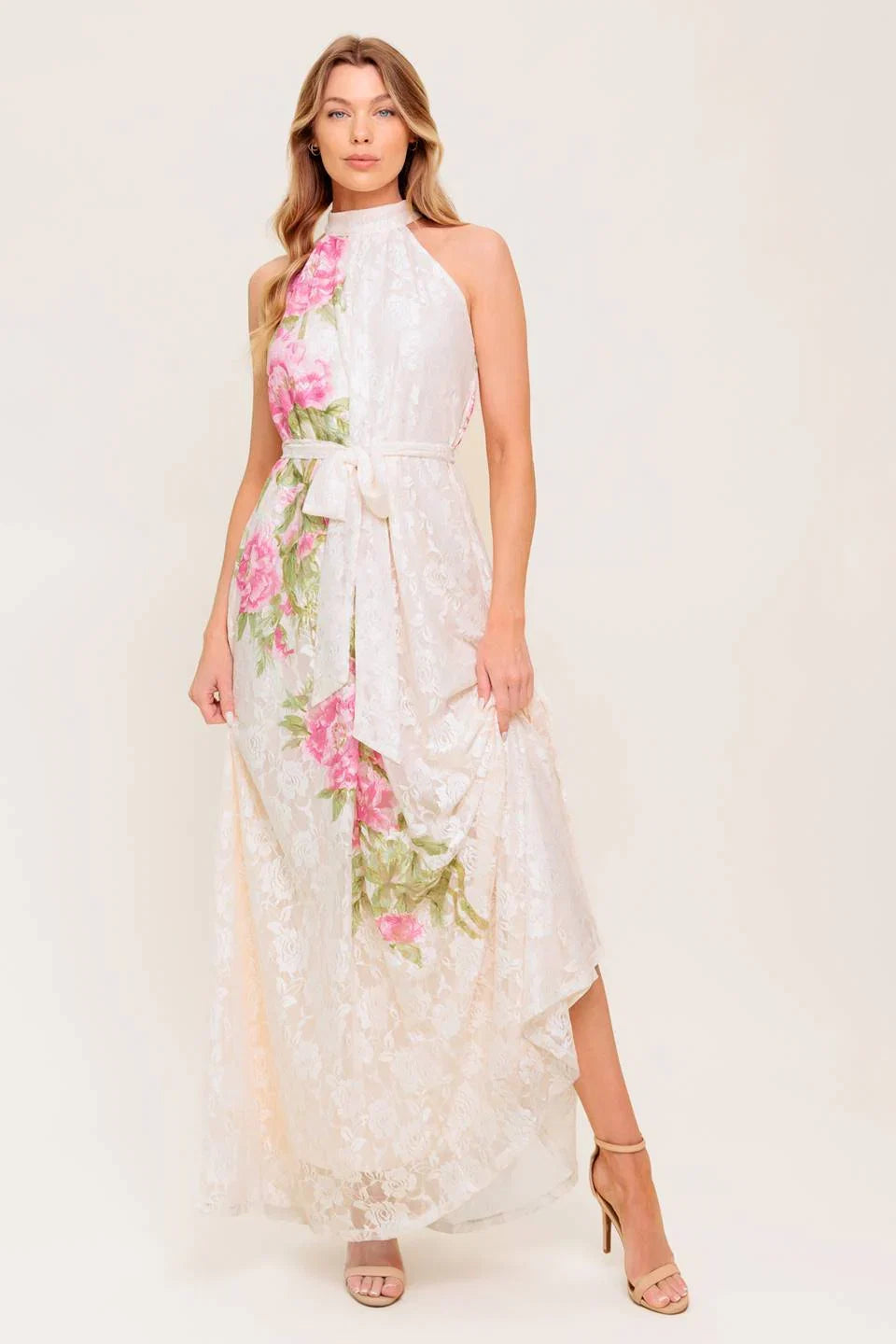 ROSE GARDEN IVORY LACE HALTER MAXI DRESS