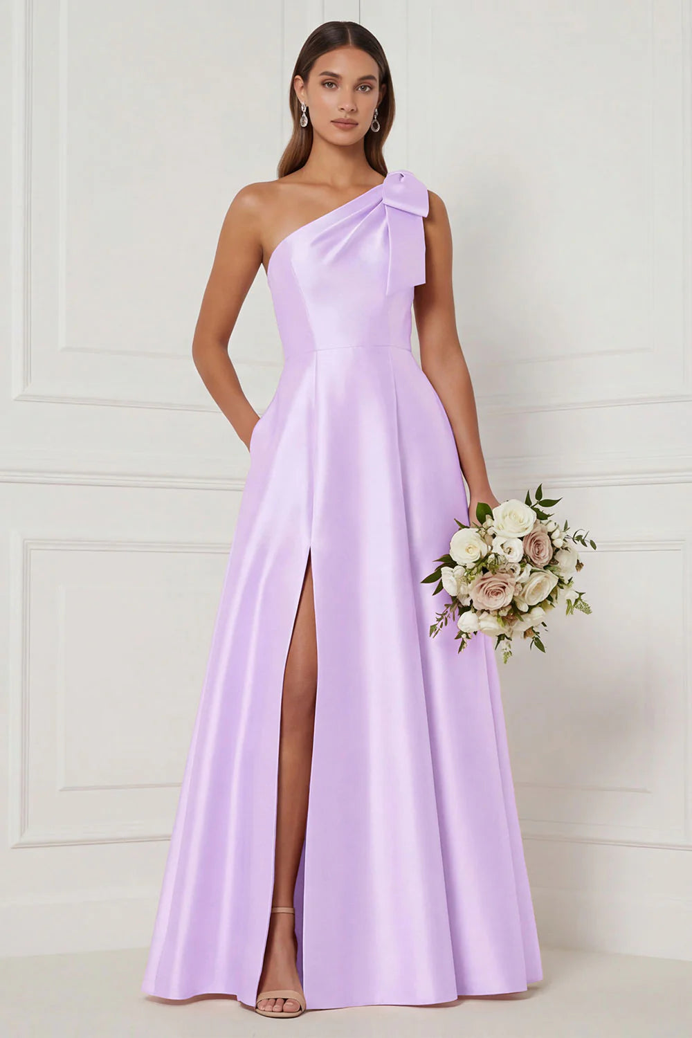 One Shoulder A Line Satin Pink Bridesmaid Dress with Slit