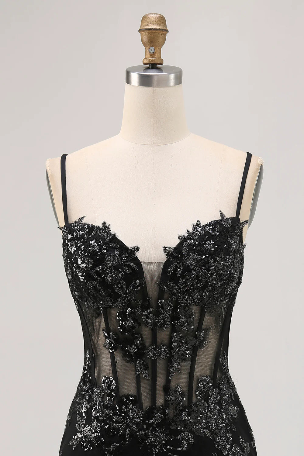 Sparkly Black Spaghetti Straps Sequins Sheer Corset Tight Homecoming Dress