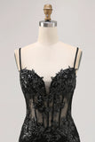 Sparkly Black Spaghetti Straps Sequins Sheer Corset Tight Homecoming Dress