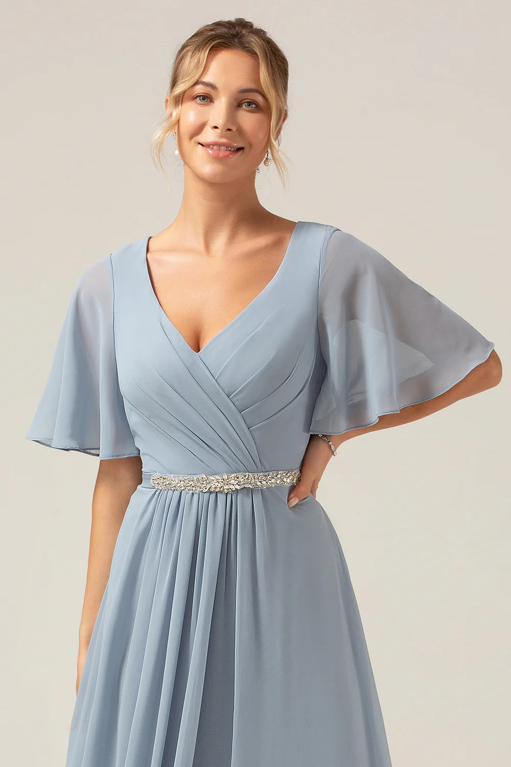 Dusty Blue A Line V Neck Chiffon Floor Length Bridesmaid Dress With Short Sleeves