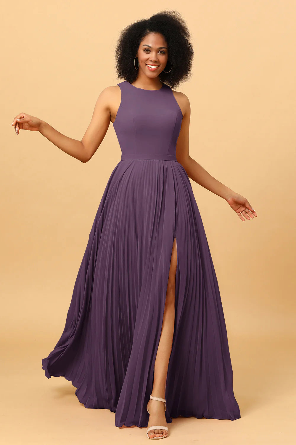 A Line Pleated Long Chiffon Bridesmaid Dress with Ruffles