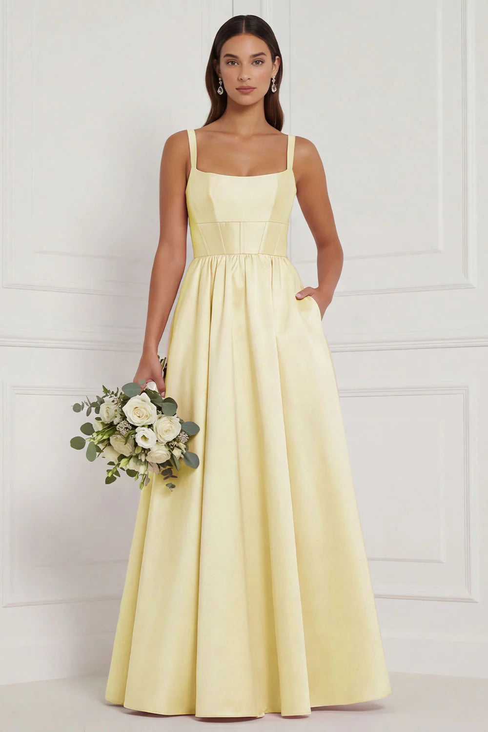Lilac A Line Corset Satin Square Neck Long Bridesmaid Dress